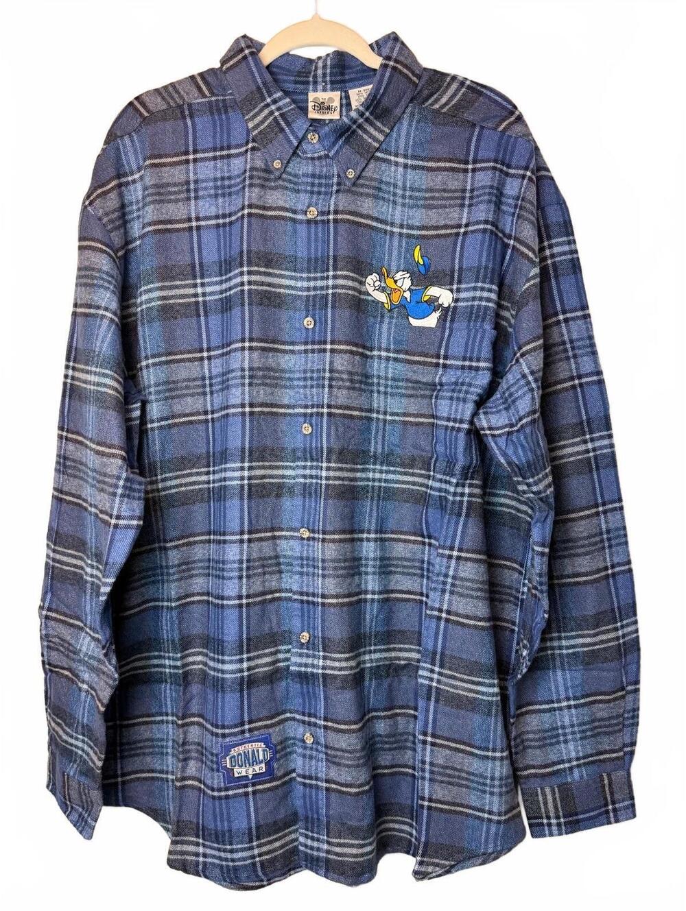 Vintage Disney Donald Duck Blue Plaid Flannel Button Down Shirt XL 100% Cotton